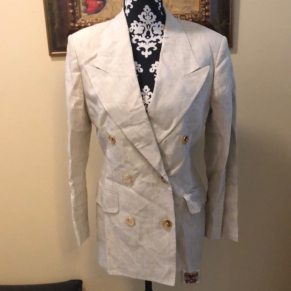 💫 Kors Vintage Classic linen blend metallic plaid wide collar long blazer